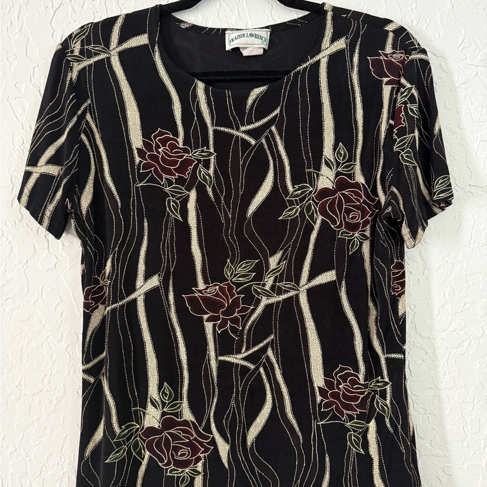 Vintage 90s Floral Patterned Black Top